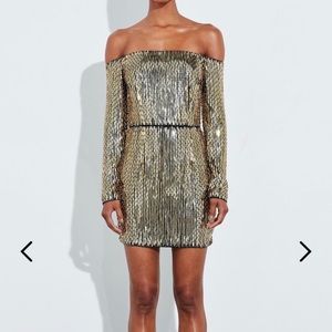 Peace + Love Gold Embellished Bardot Mini Dress